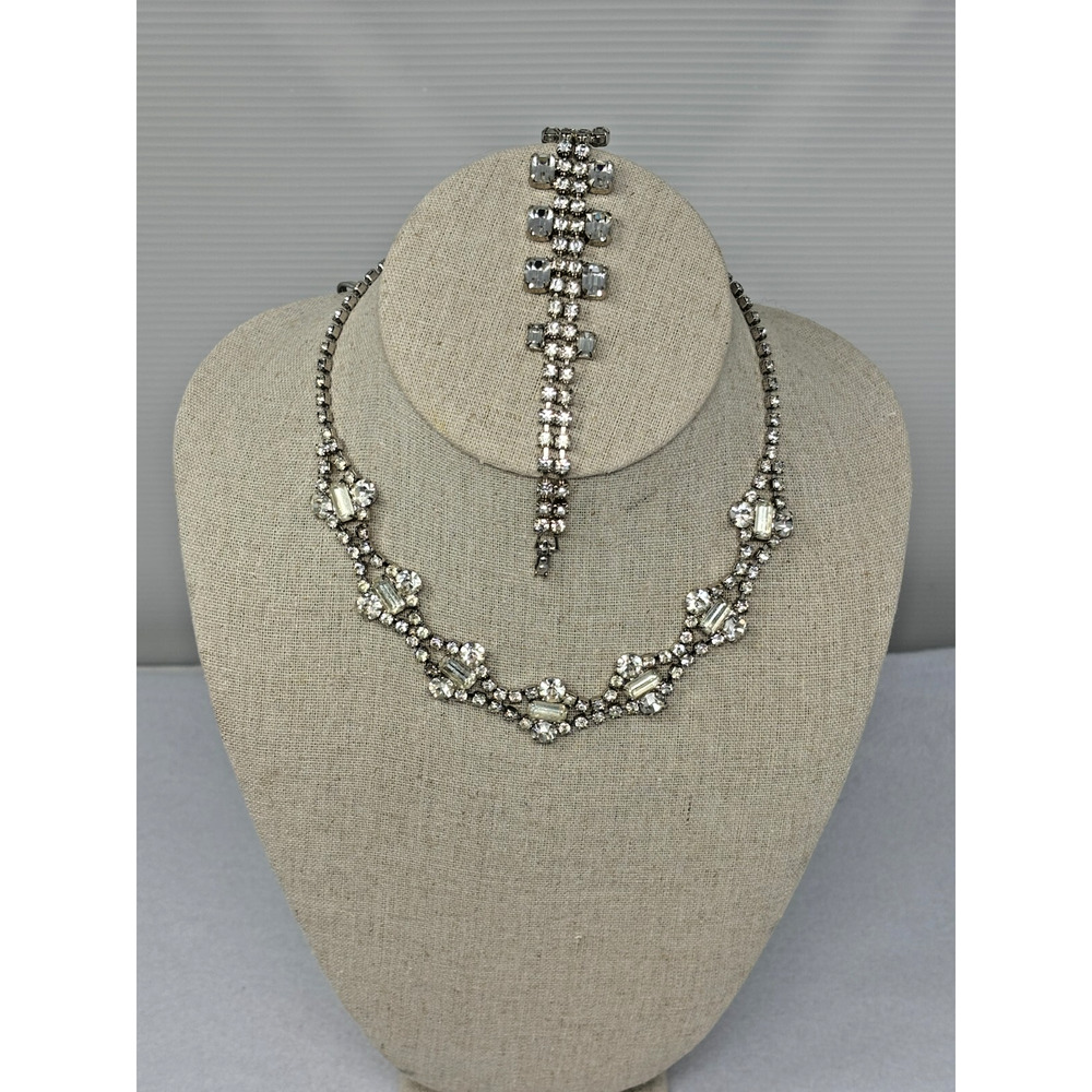 Vintage Clear Rhinestone Silver‎ Tone Statement Necklace & Bracelet Art Deco